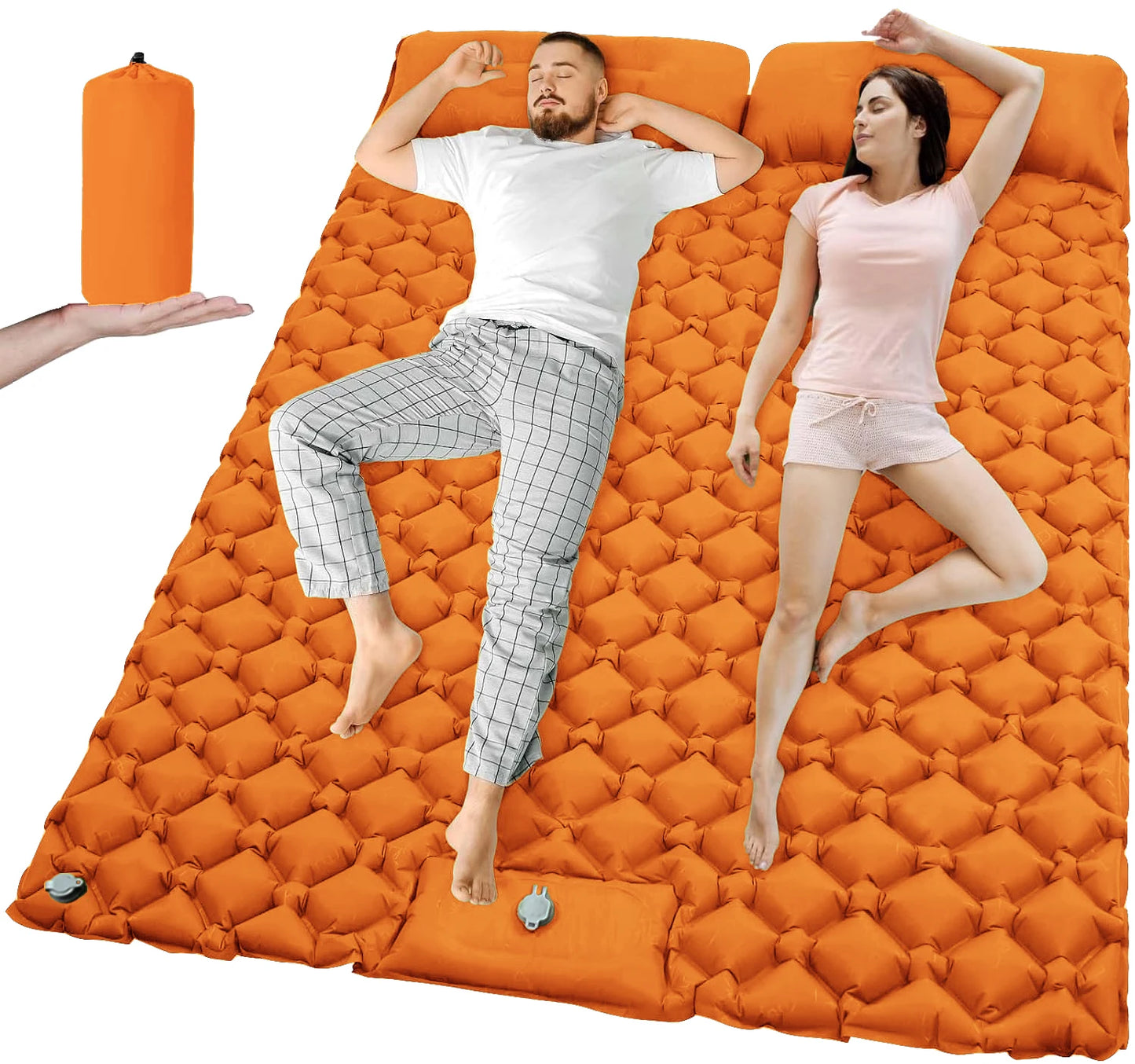 Dubbel opblaasbaar kampeermatras met ingebouwde voetpomp en vast kussen