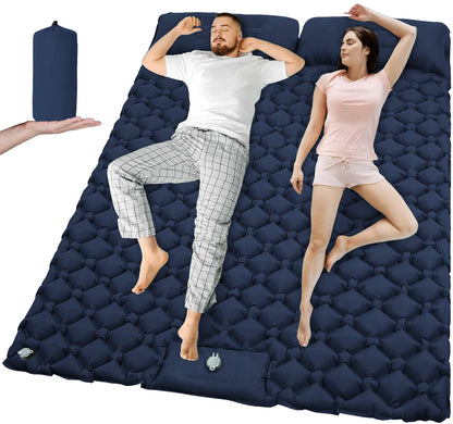 Dubbel opblaasbaar kampeermatras met ingebouwde voetpomp en vast kussen