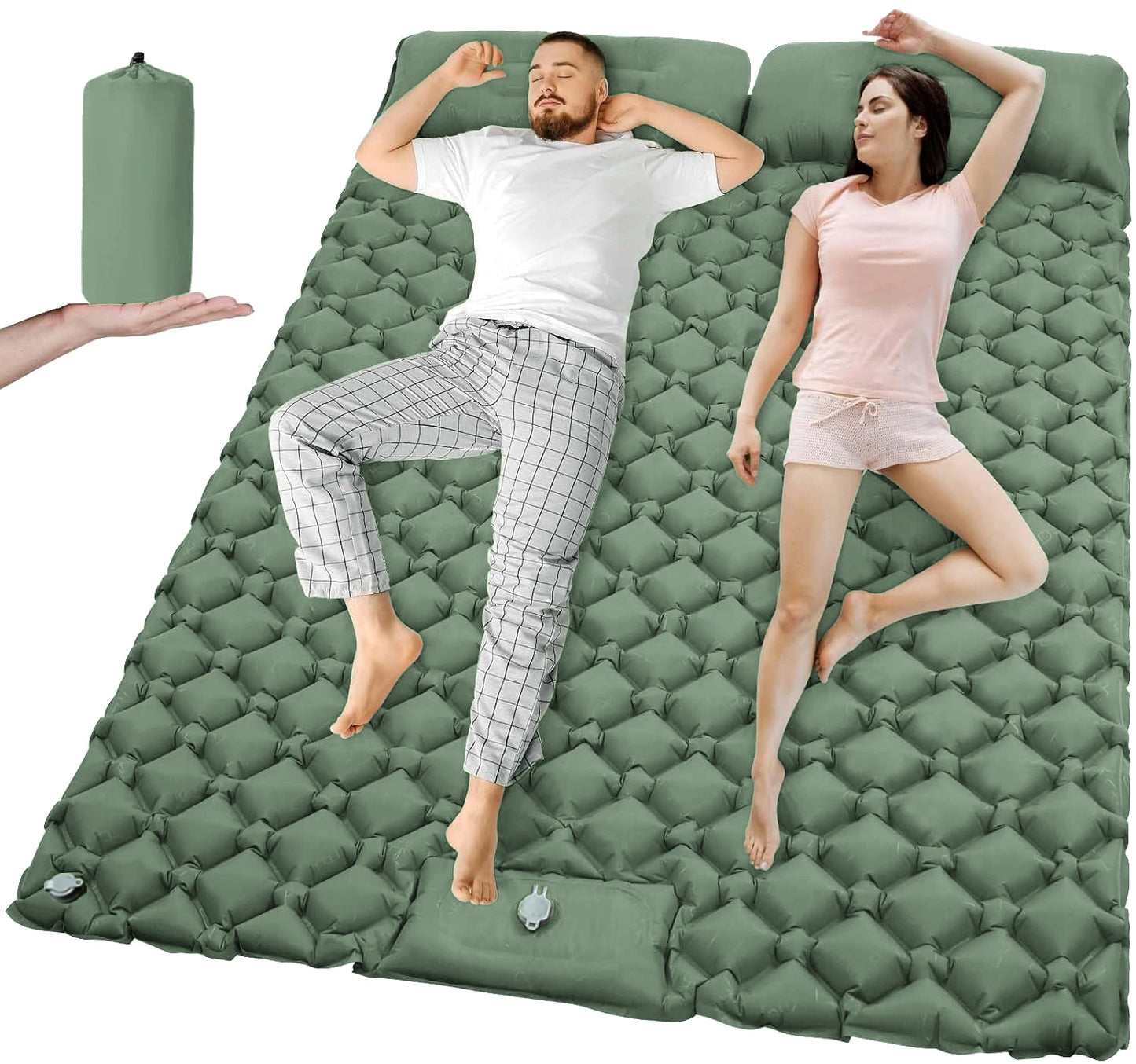 Dubbel opblaasbaar kampeermatras met ingebouwde voetpomp en vast kussen