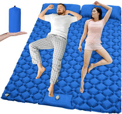 Dubbel opblaasbaar kampeermatras met ingebouwde voetpomp en vast kussen
