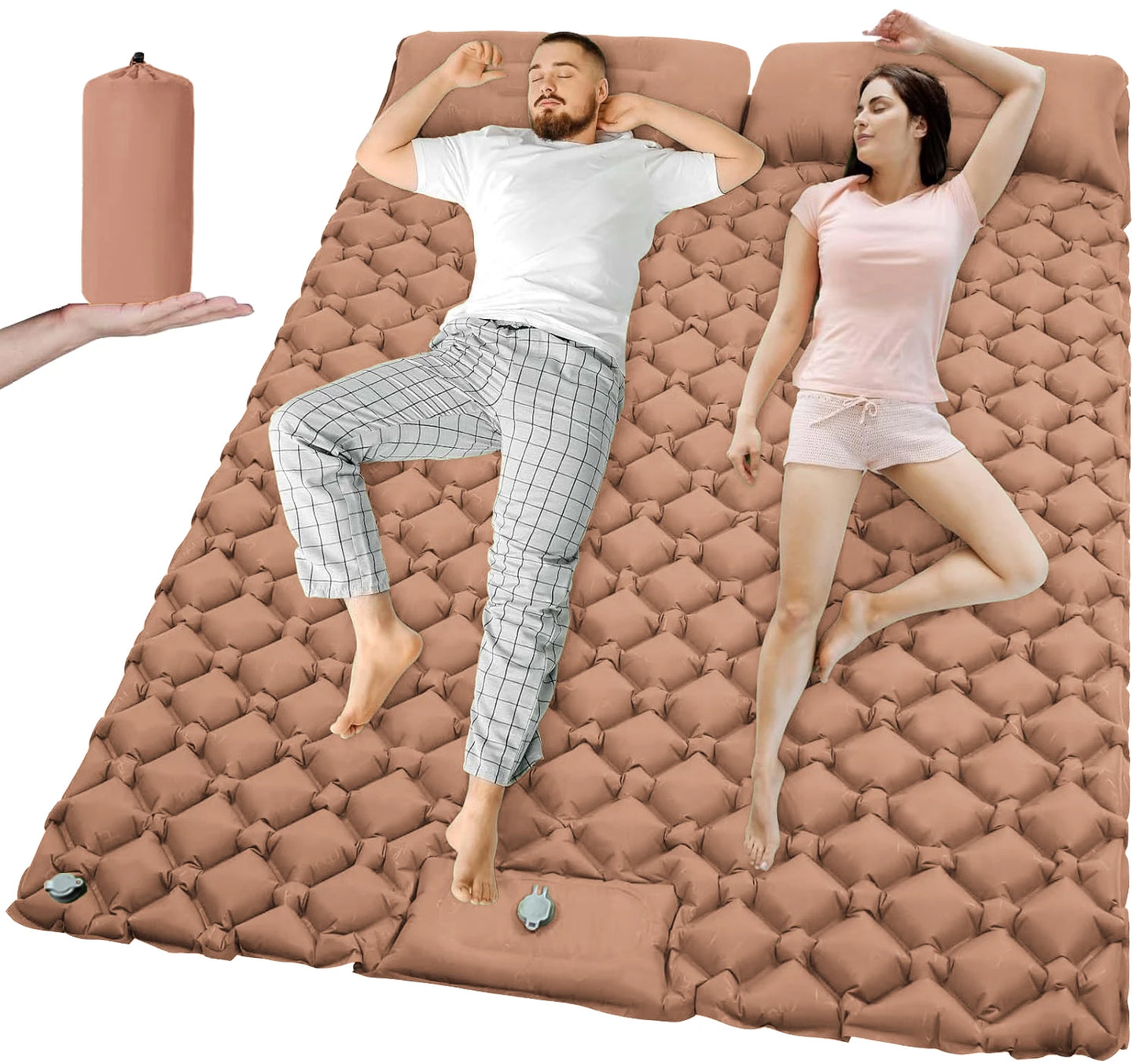 Dubbel opblaasbaar kampeermatras met ingebouwde voetpomp en vast kussen