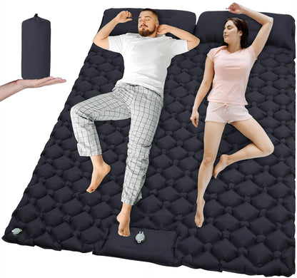 Dubbel opblaasbaar kampeermatras met ingebouwde voetpomp en vast kussen