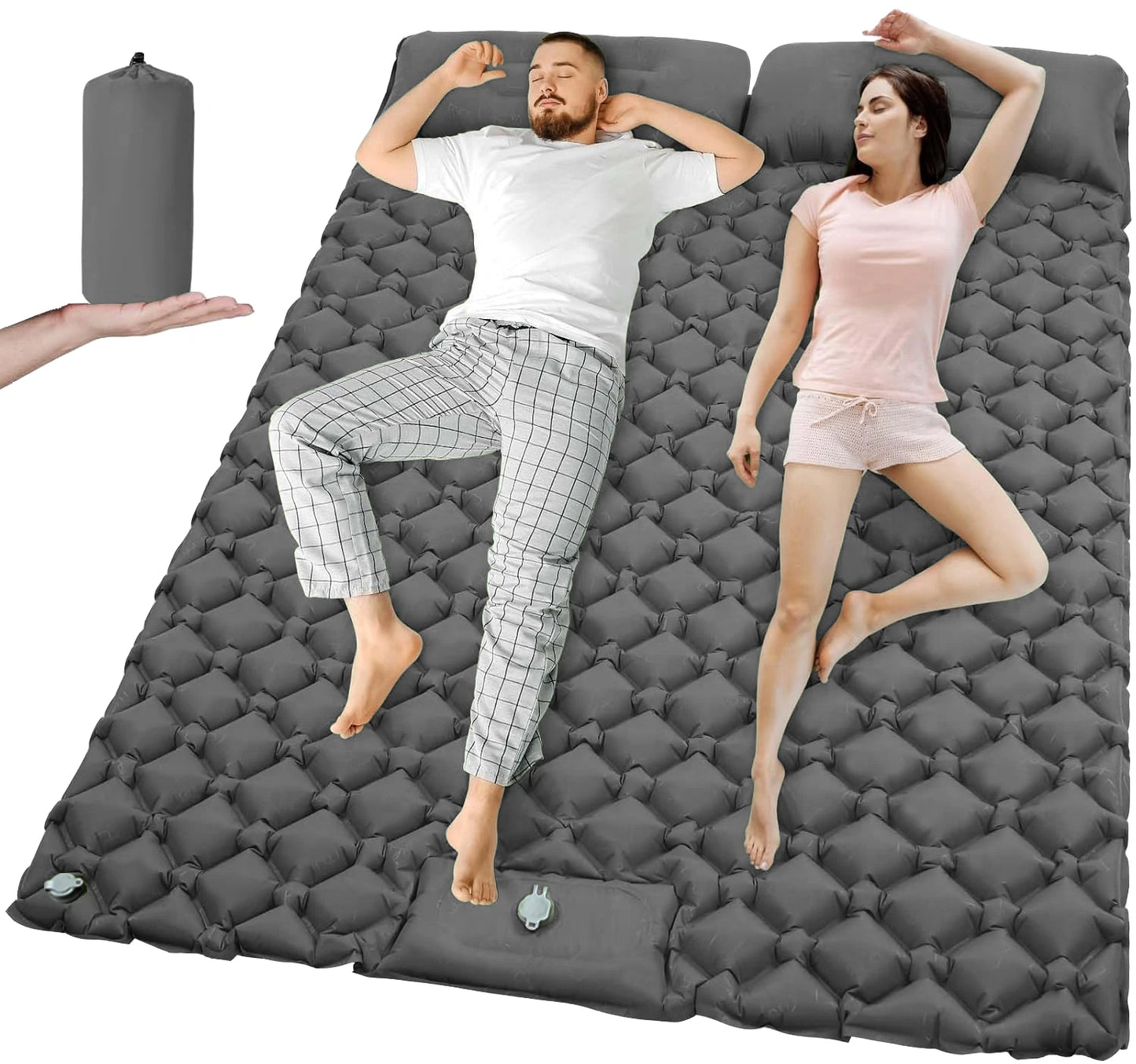 Dubbel opblaasbaar kampeermatras met ingebouwde voetpomp en vast kussen